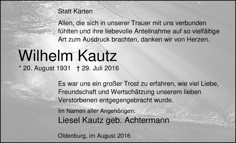  Traueranzeige für Wilhelm Kautz vom 27.08.2016 aus Nordwest-Zeitung