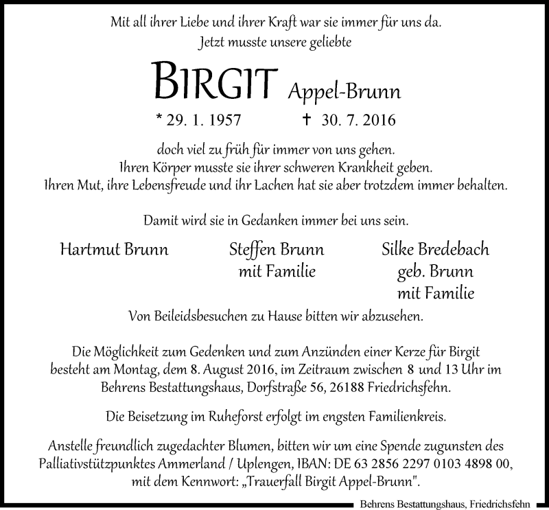  Traueranzeige für Birgit Appel-Bruun vom 01.08.2016 aus Nordwest-Zeitung