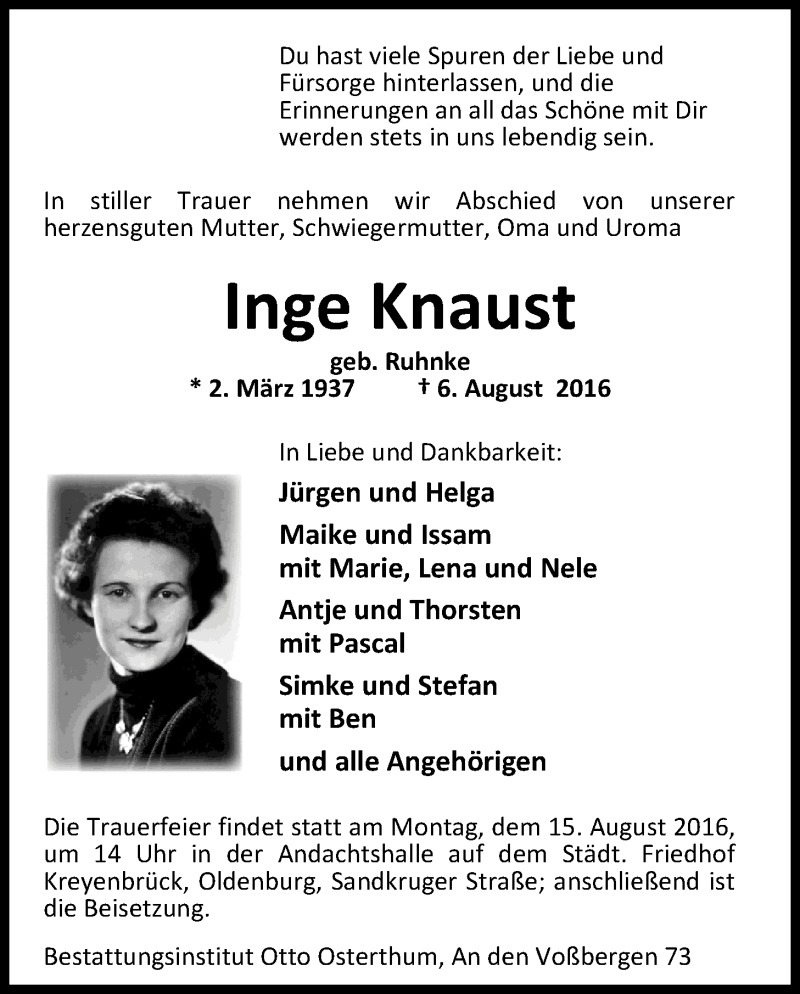  Traueranzeige für Inge Knaust vom 11.08.2016 aus Nordwest-Zeitung