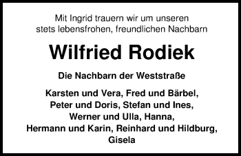 Traueranzeige von Wilfried Rodiek von Nordwest-Zeitung