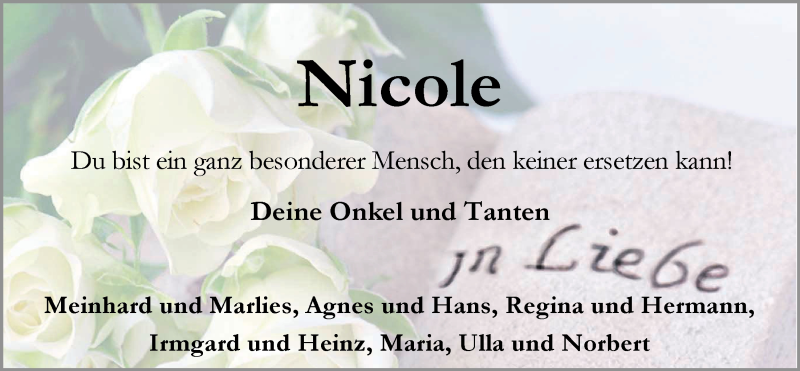  Traueranzeige für Nicole Meiners-Hagen vom 31.08.2016 aus Nordwest-Zeitung