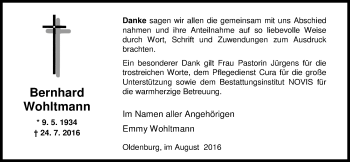 Traueranzeige von Bernhard Wohltmann von Nordwest-Zeitung