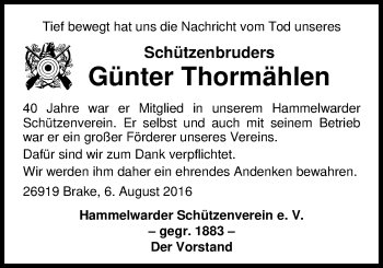 Traueranzeige von Günther Thormählen von Nordwest-Zeitung