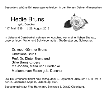 Traueranzeige von Hedie Bruns von Nordwest-Zeitung
