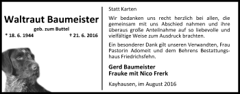 Traueranzeige von Waltraut Baumeister von Nordwest-Zeitung