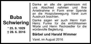 Traueranzeige von Heinz Georg (Buba) Schwiering von Nordwest-Zeitung