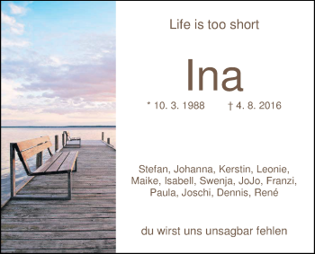 Traueranzeige von Ina Galts von Nordwest-Zeitung