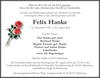 Traueranzeige von Felix Hanke von Nordwest-Zeitung
