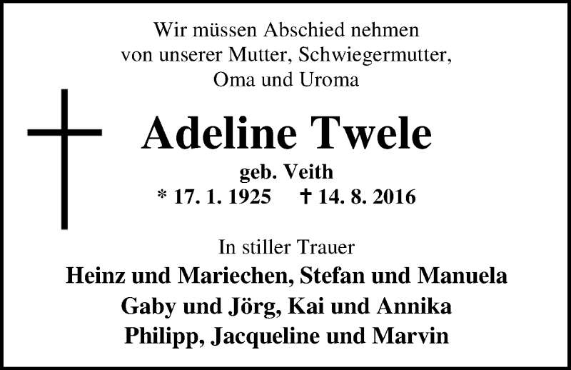  Traueranzeige für Adeline (Aline) Twele vom 16.08.2016 aus Nordwest-Zeitung