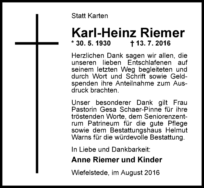 Traueranzeigen von Karl-Heinz Riemer | nordwest-trauer.de