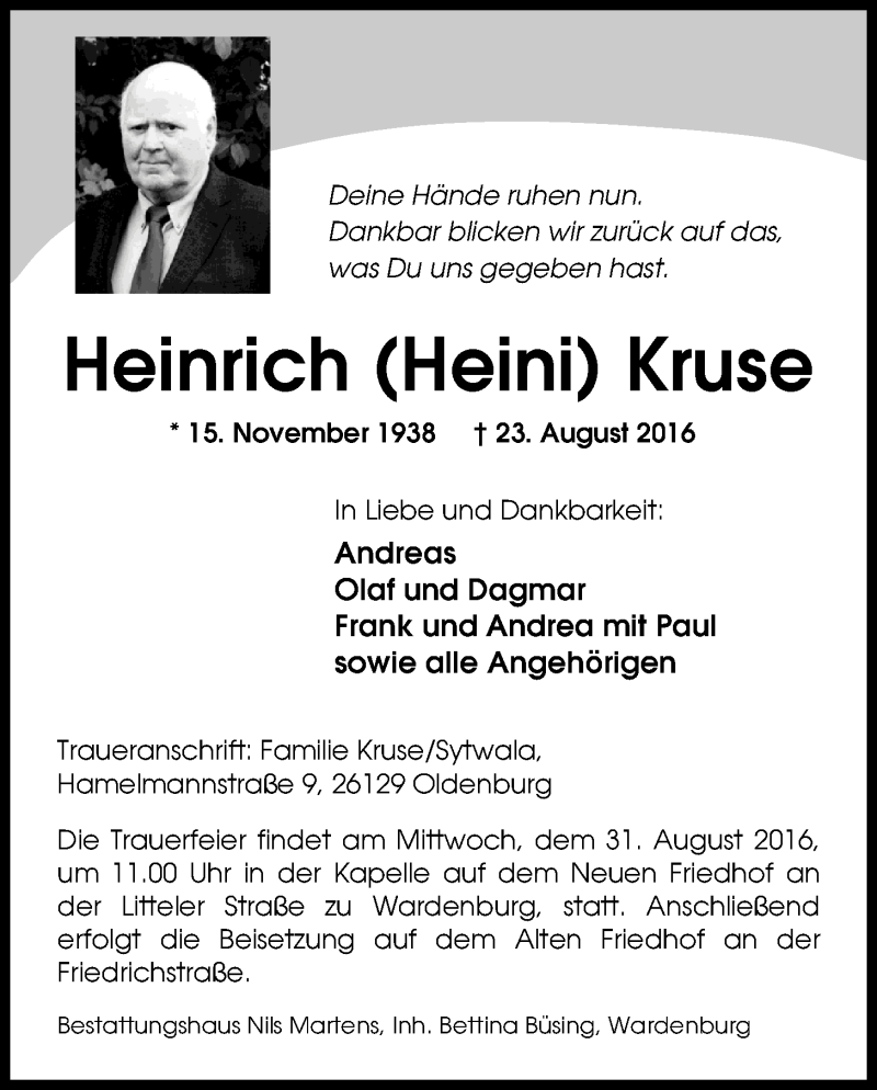  Traueranzeige für Heinrich Kruse vom 27.08.2016 aus Nordwest-Zeitung