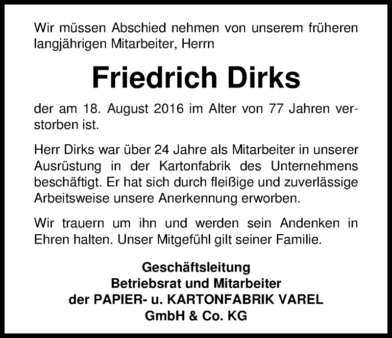  Traueranzeige für Friedrich Dirks vom 24.08.2016 aus Nordwest-Zeitung