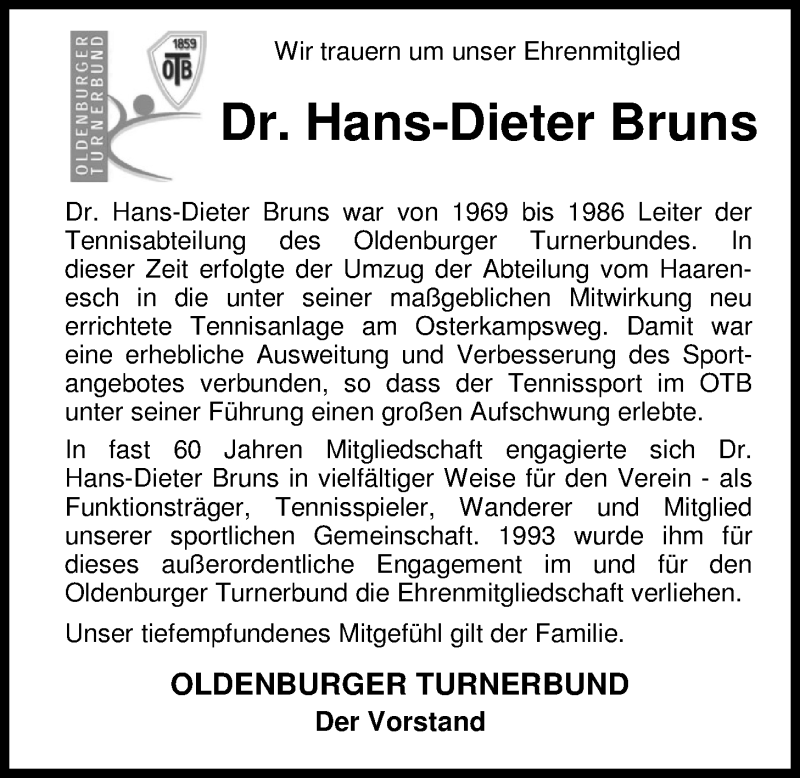  Traueranzeige für Dr. Hans-Dieter Bruns vom 06.08.2016 aus Nordwest-Zeitung