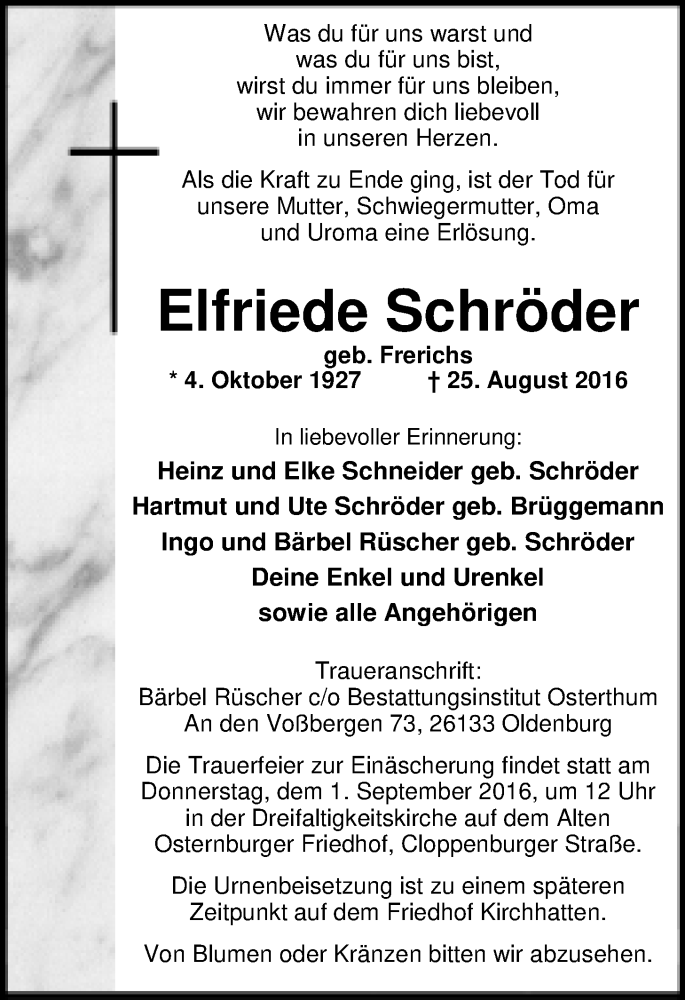  Traueranzeige für Elfriede Schröder vom 27.08.2016 aus Nordwest-Zeitung