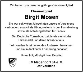 Traueranzeige von Birgit Mosen von Nordwest-Zeitung