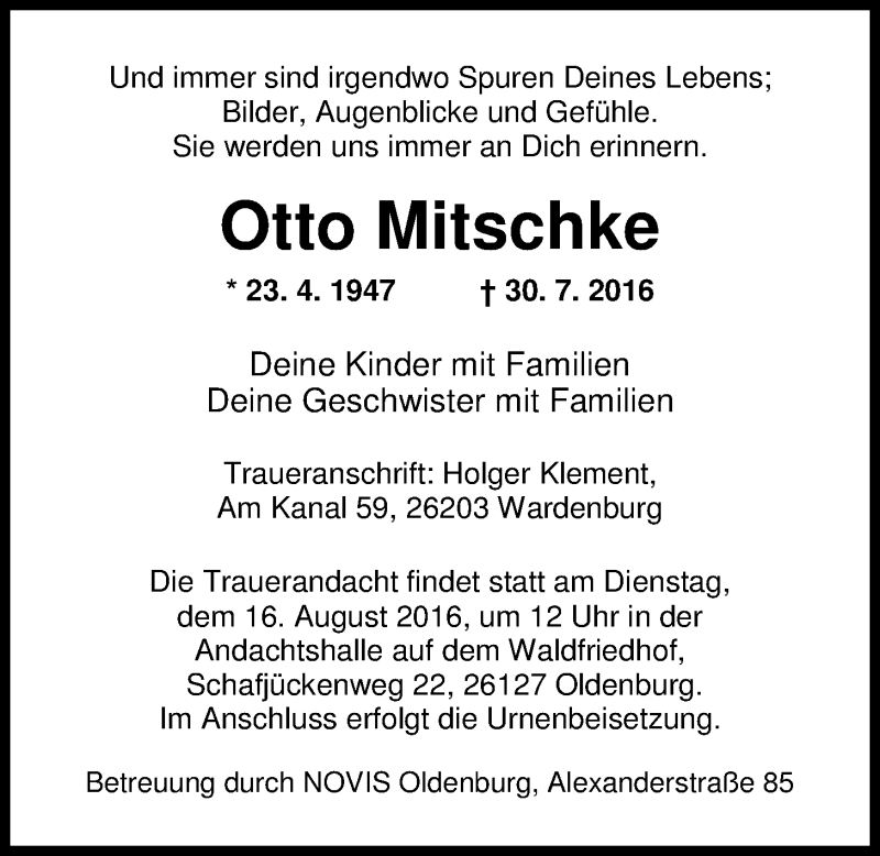  Traueranzeige für Otto Mitschke vom 06.08.2016 aus Nordwest-Zeitung