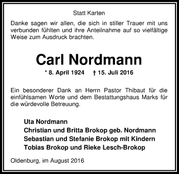 Traueranzeige von Carl Nordmann von Nordwest-Zeitung