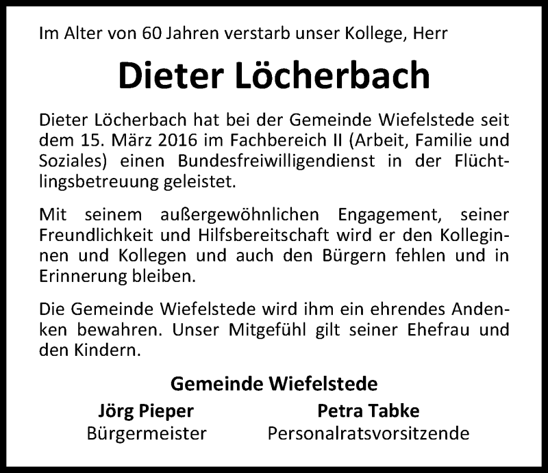  Traueranzeige für Dieter Löcherbach vom 15.08.2016 aus Nordwest-Zeitung