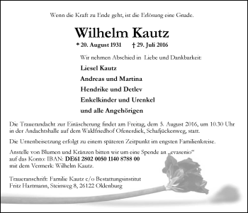 Traueranzeige von Wilhelm Kautz von Nordwest-Zeitung