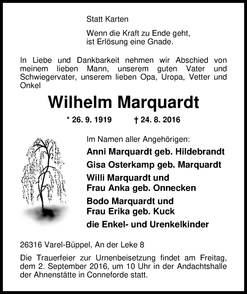  Traueranzeige für Wilhelm Marquardt vom 27.08.2016 aus Nordwest-Zeitung
