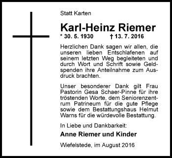 Traueranzeige von Karl-Heinz Riemer von Nordwest-Zeitung