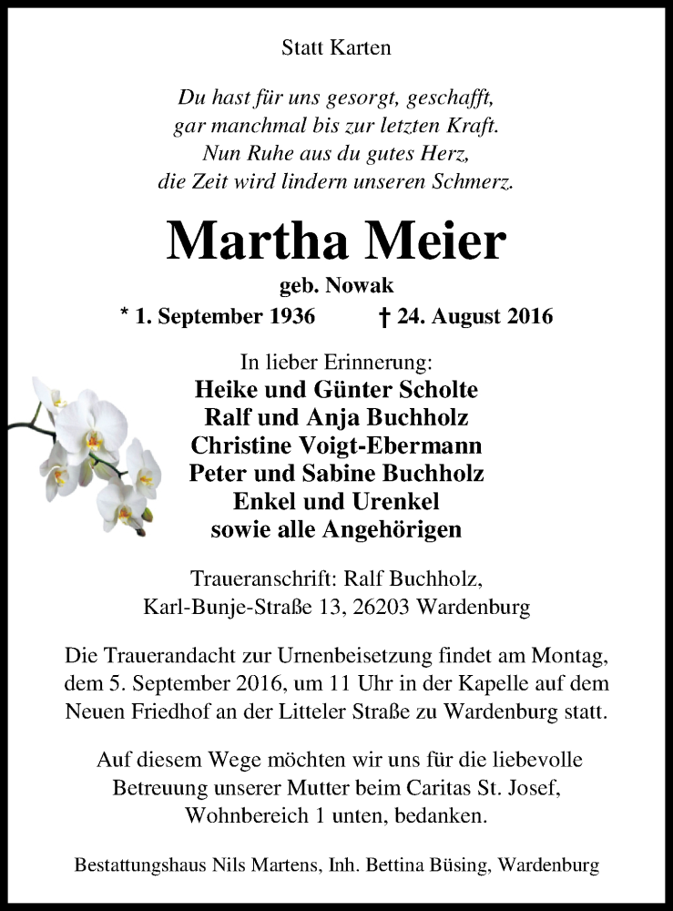  Traueranzeige für Martha Meier vom 30.08.2016 aus Nordwest-Zeitung