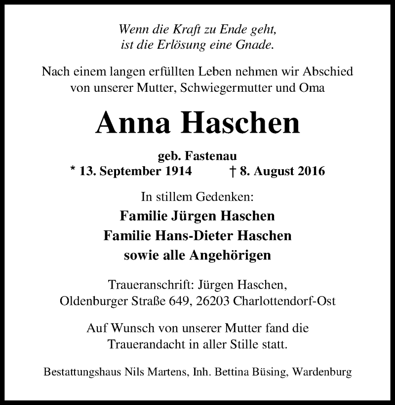  Traueranzeige für Anna Haschen vom 17.08.2016 aus Nordwest-Zeitung