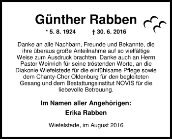 Traueranzeige von Günther Rabben von Nordwest-Zeitung