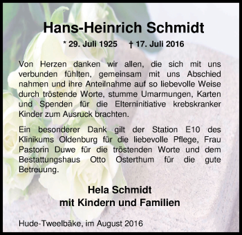 Traueranzeige von Hans-Heinrich Schmidt von Nordwest-Zeitung