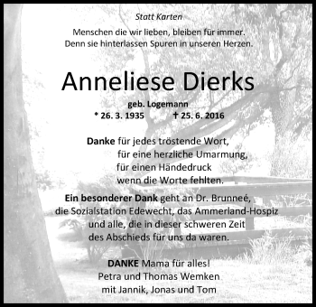 Traueranzeige von Anneliese Dierks von Nordwest-Zeitung