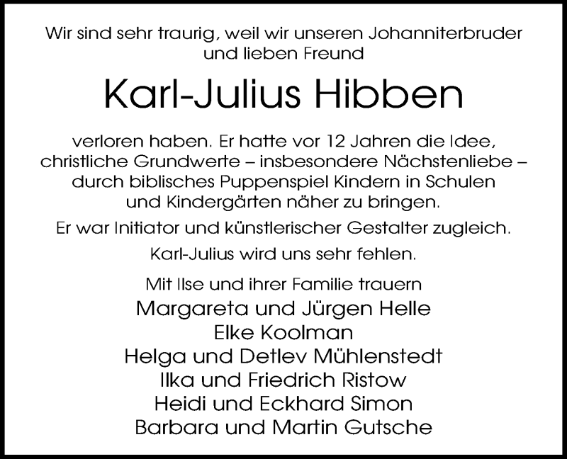  Traueranzeige für Karl-Julius Hibben vom 03.08.2016 aus Nordwest-Zeitung