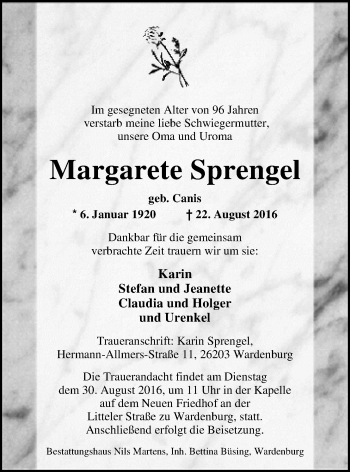 Traueranzeige von Margarete Sprengel von Nordwest-Zeitung