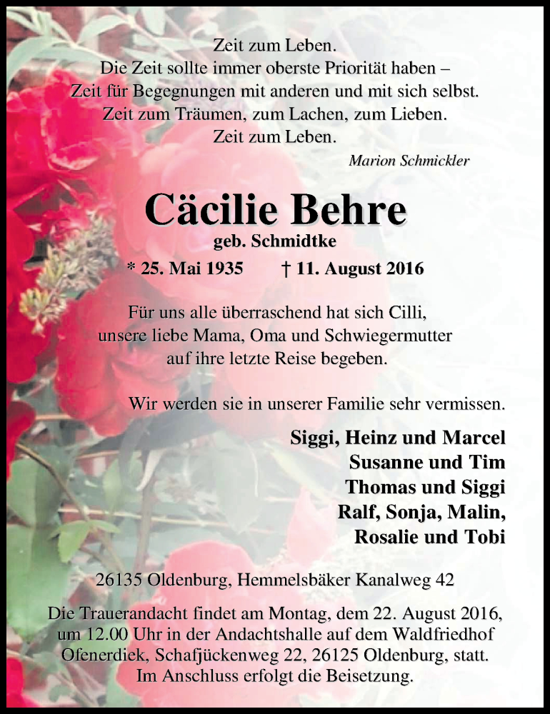  Traueranzeige für Cäcilie Behre vom 18.08.2016 aus Nordwest-Zeitung