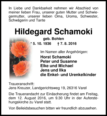 Traueranzeige von Hildegard Schamoki von Nordwest-Zeitung
