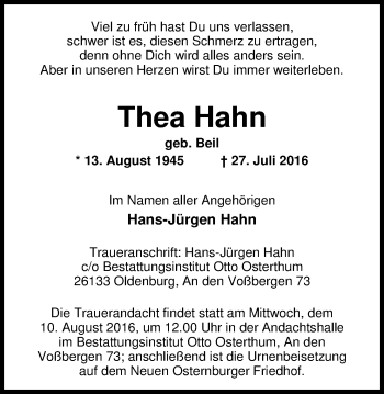 Traueranzeige von Thea Hahn von Nordwest-Zeitung