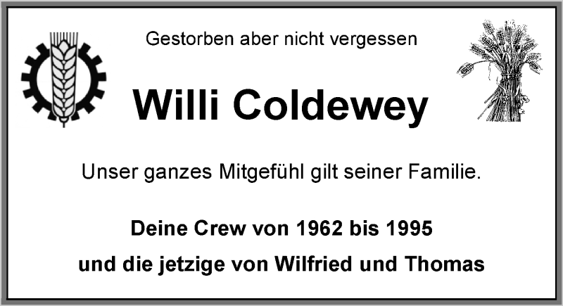  Traueranzeige für Willi Coldewey vom 06.08.2016 aus Nordwest-Zeitung