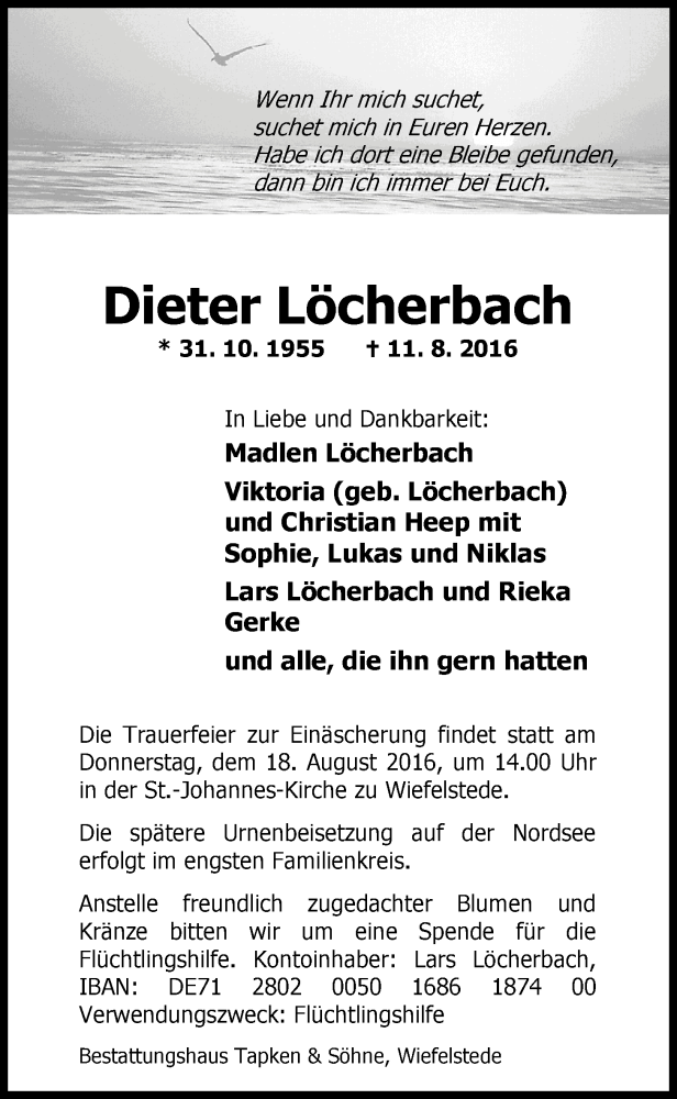  Traueranzeige für Dieter Löcherbach vom 15.08.2016 aus Nordwest-Zeitung