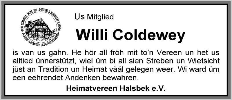  Traueranzeige für Willi Coldewey vom 06.08.2016 aus Nordwest-Zeitung