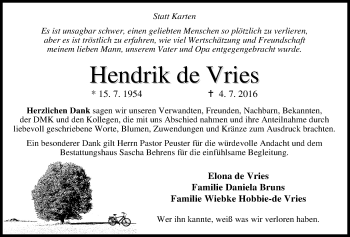 Traueranzeige von Hendrik de Vries von Nordwest-Zeitung