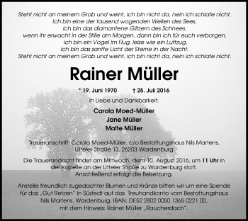 Traueranzeige von Rainer Müller von Nordwest-Zeitung