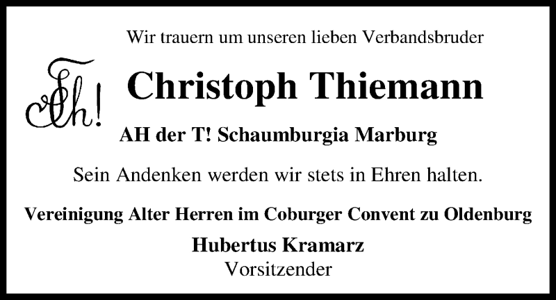  Traueranzeige für Friedrich-Christoph Thiemann vom 24.08.2016 aus Nordwest-Zeitung
