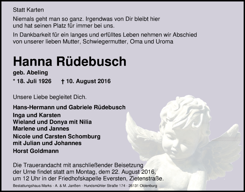  Traueranzeige für Hanna Rüdebusch vom 18.08.2016 aus Nordwest-Zeitung