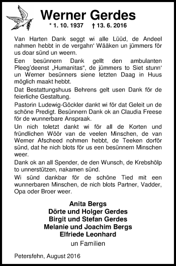 Traueranzeige von Werner Gerdes von Nordwest-Zeitung