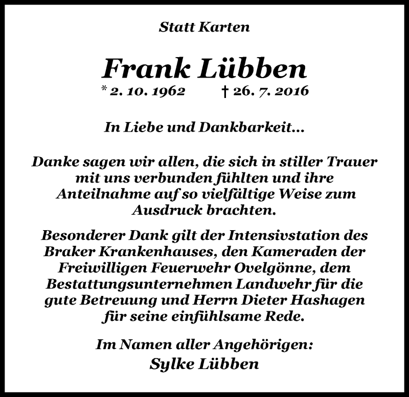  Traueranzeige für Frank Lübben vom 31.08.2016 aus Nordwest-Zeitung