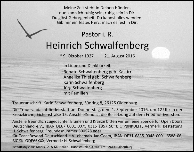  Traueranzeige für Heinrich Schwalfenberg vom 27.08.2016 aus Nordwest-Zeitung