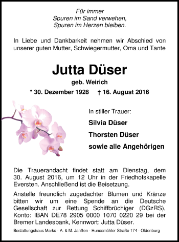 Traueranzeige von Jutta Düser von Nordwest-Zeitung