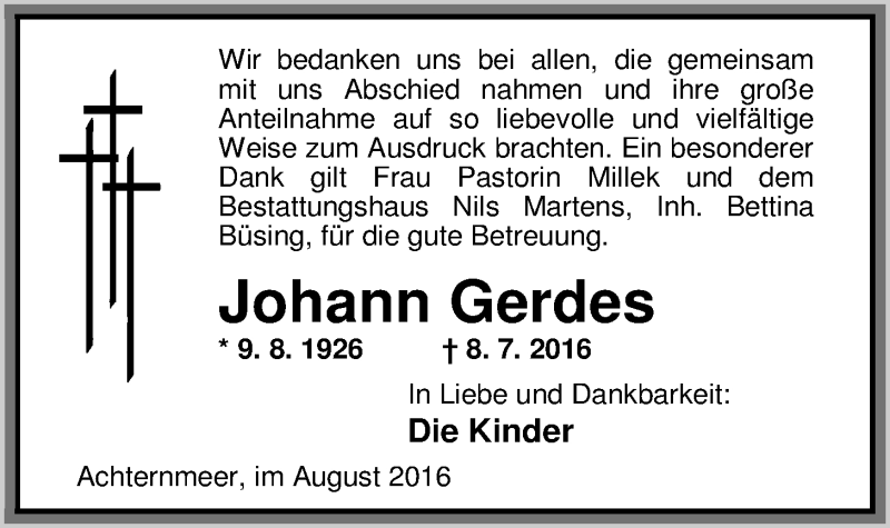  Traueranzeige für Johann Gerdes vom 13.08.2016 aus Nordwest-Zeitung