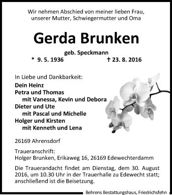 Traueranzeige von Gerda Brunken von Nordwest-Zeitung