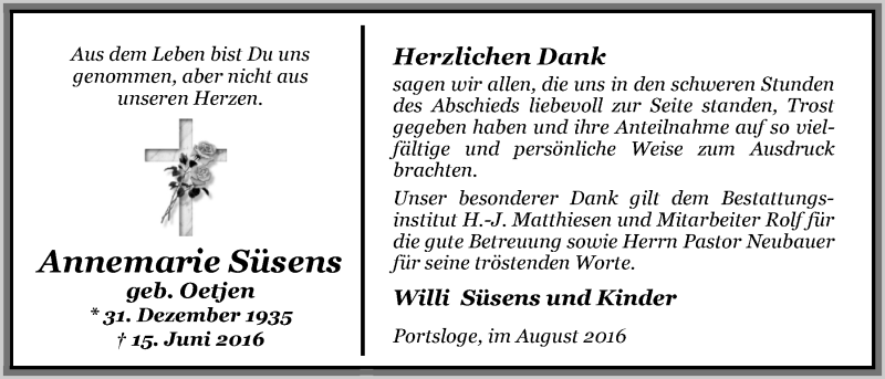  Traueranzeige für Annemarie Süsens vom 05.08.2016 aus Nordwest-Zeitung