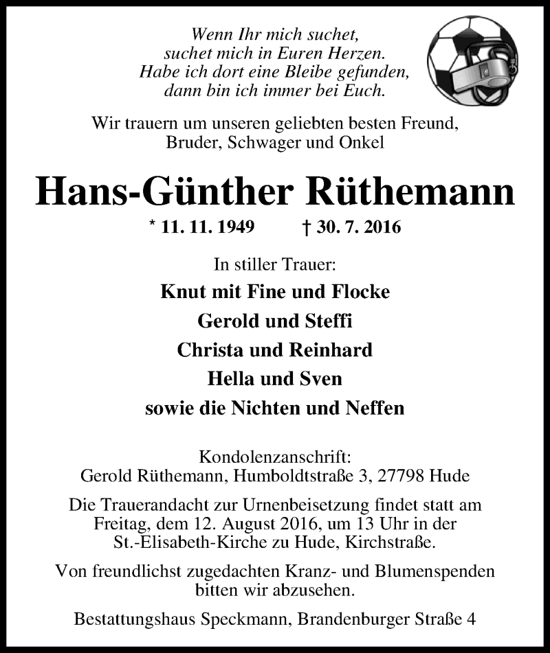  Traueranzeige für Hans-Günther Rüthemann vom 06.08.2016 aus Nordwest-Zeitung